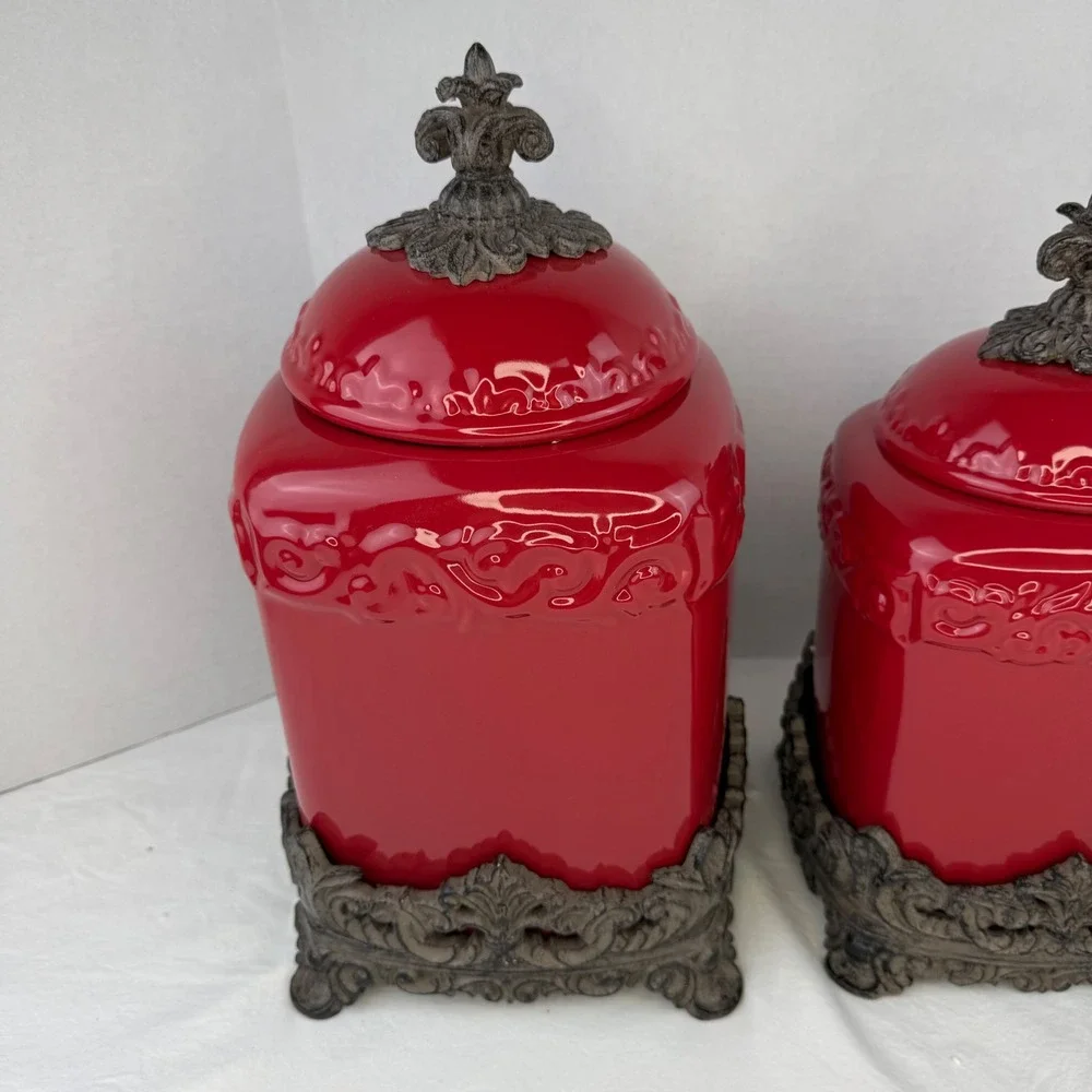 Drake Design Red Ceramic Canister Set of 3 Fleur De Lis Metal Base Kitchen Decor